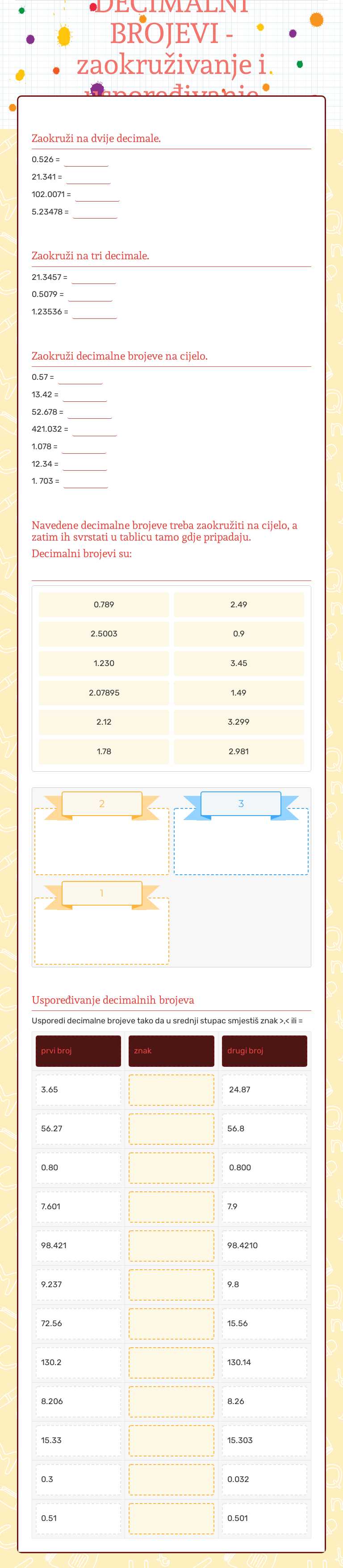 DECIMALNI BROJEVI - zaokruživanje i uspoređivanje (ponavljanje) Grade 5 worksheet preview