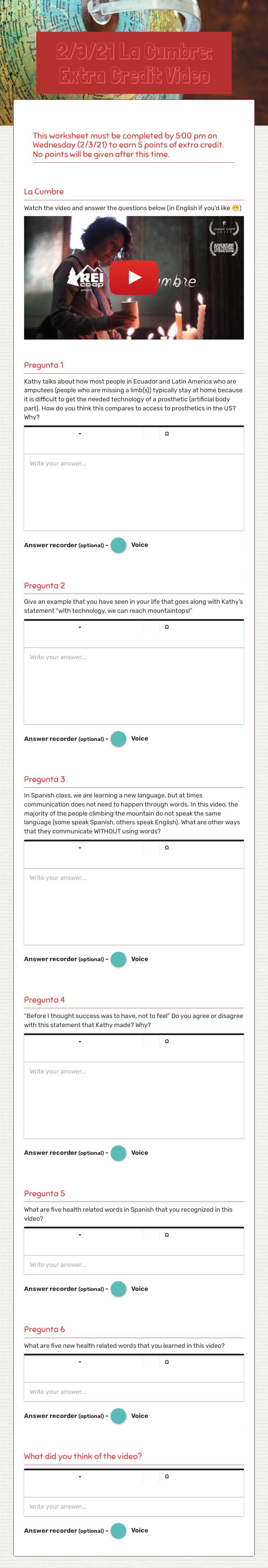 2/3/21 La Cumbre: Extra Credit Video worksheet preview image