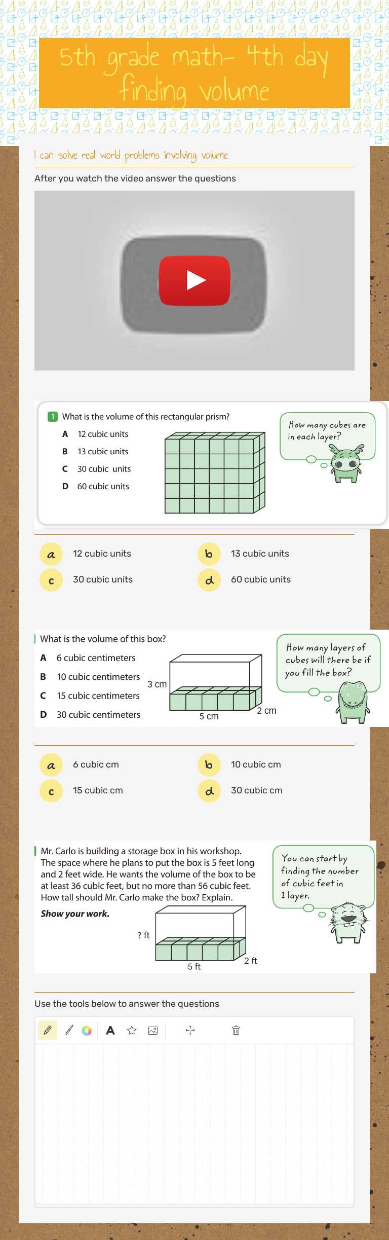5th grade math- 4th day finding volume worksheet preview image