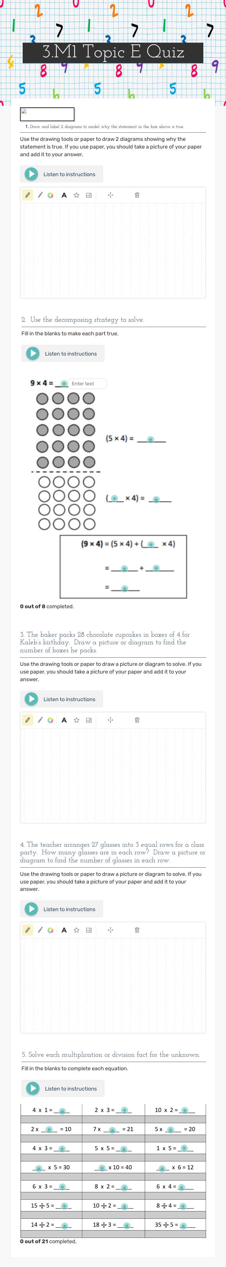 3.M1 Topic E Quiz worksheet preview image