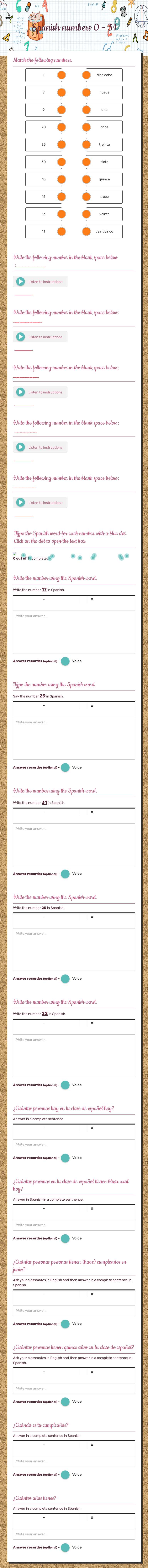 Spanish numbers 0 - 31 worksheet preview image