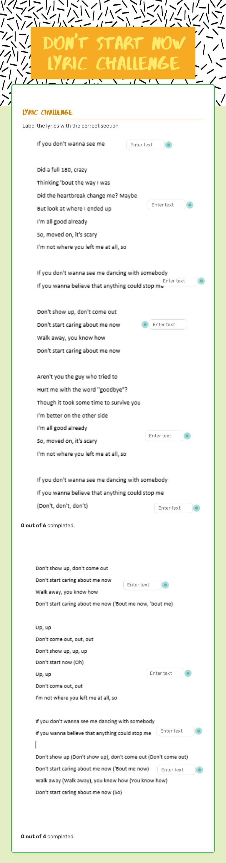 Don't Start NOw Lyric Challenge Grade 7 worksheet preview