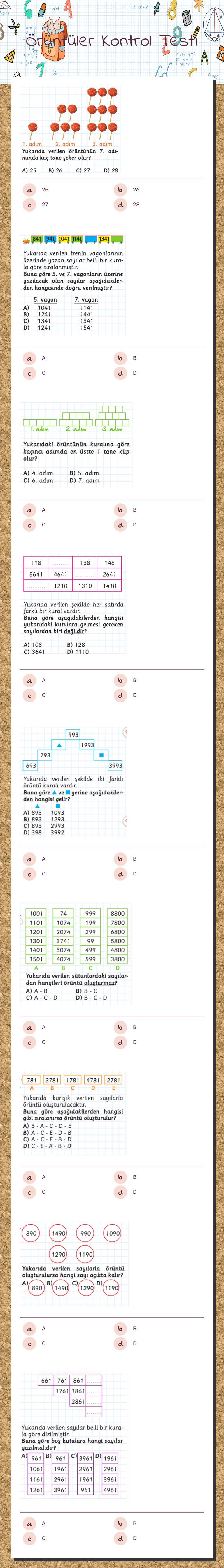 Örüntüler Kontrol Testi Grade 4 worksheet preview