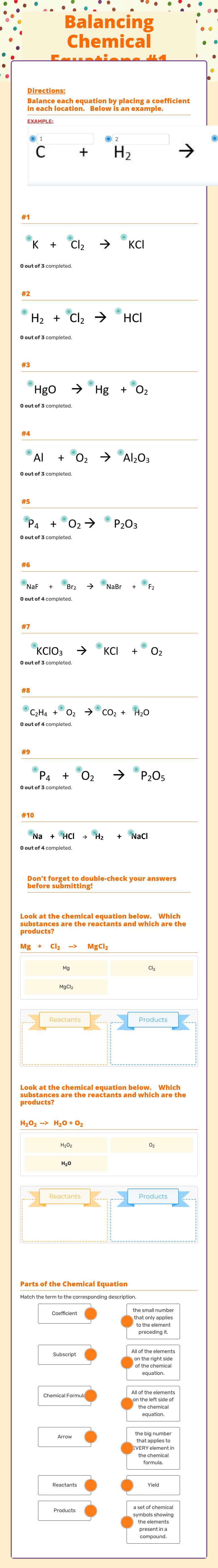 Balancing Chemical Equations #1 Grade 8 worksheet preview