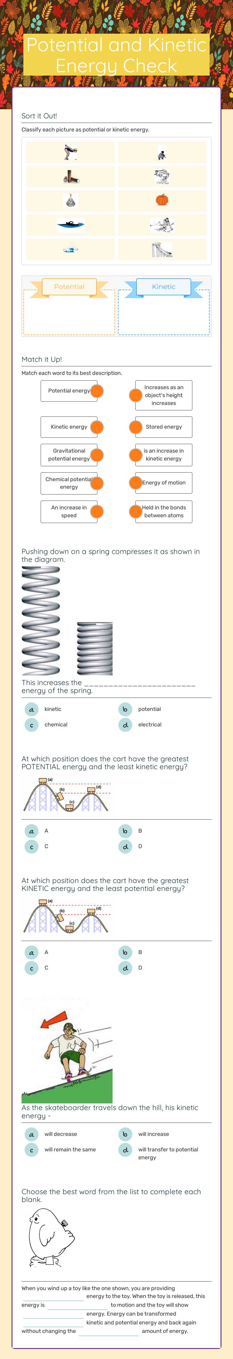 Potential and Kinetic Energy Check worksheet preview image