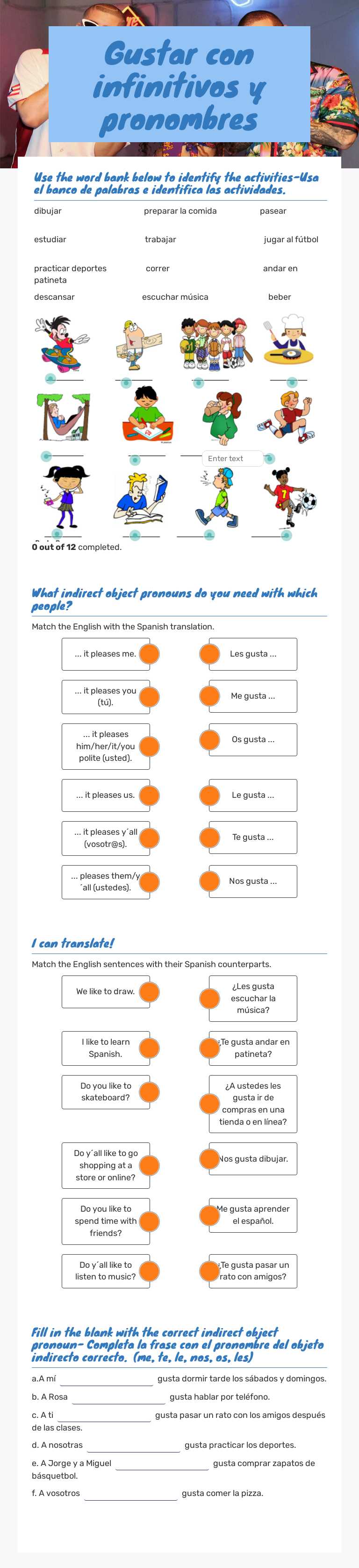 Gustar con infinitivos y pronombres worksheet preview image