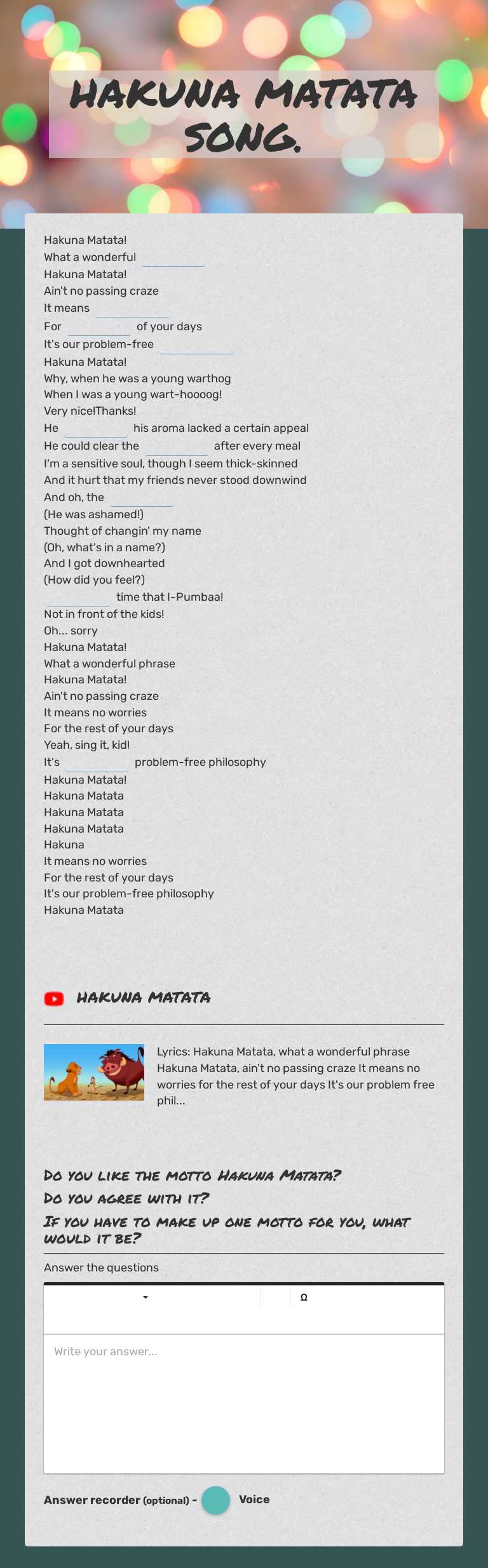 HAKUNA MATATA SONG. worksheet preview image