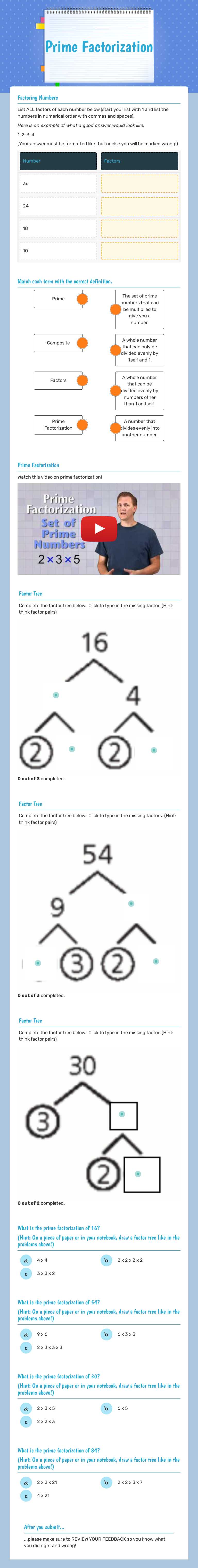 Prime Factorization worksheet preview image