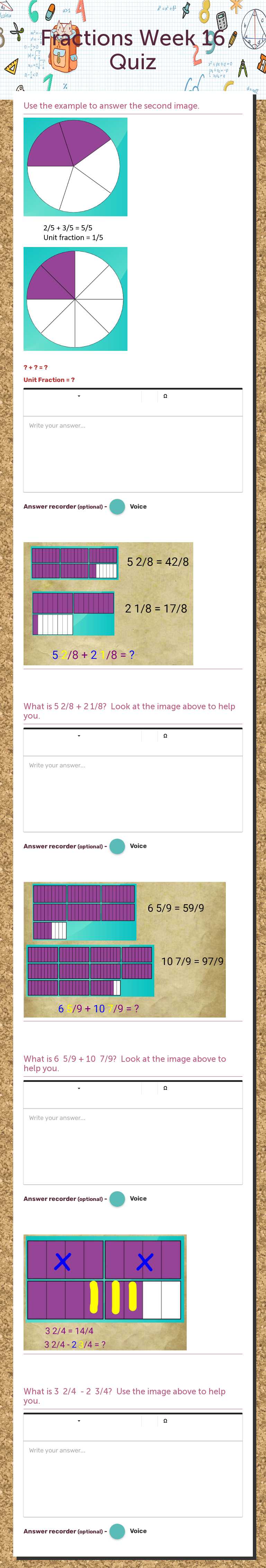 Fractions Week 16 Quiz worksheet preview image