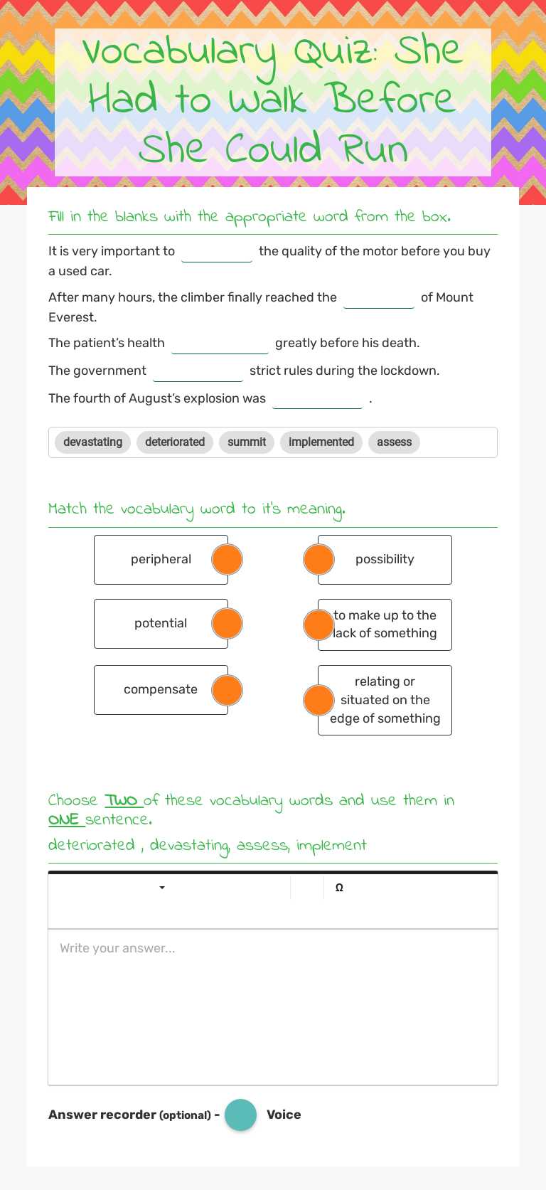 Vocabulary Quiz: She Had to Walk Before She Could Run worksheet preview image