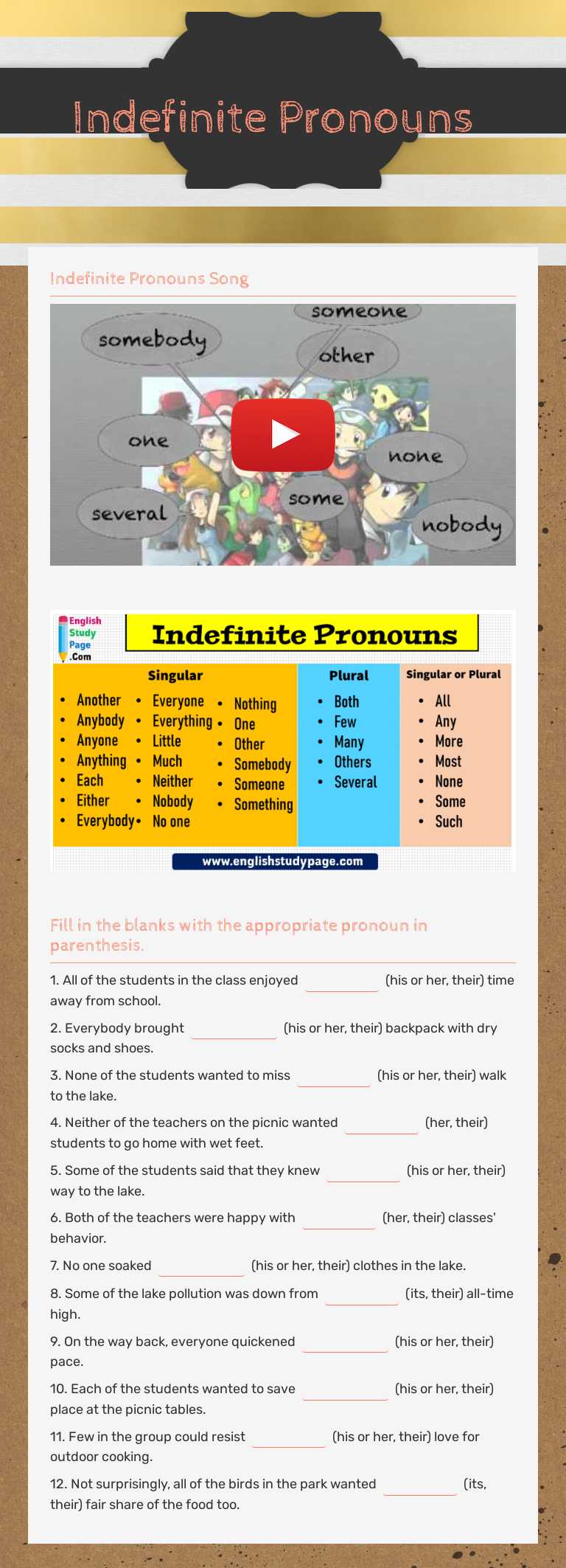 Indefinite Pronouns worksheet preview image