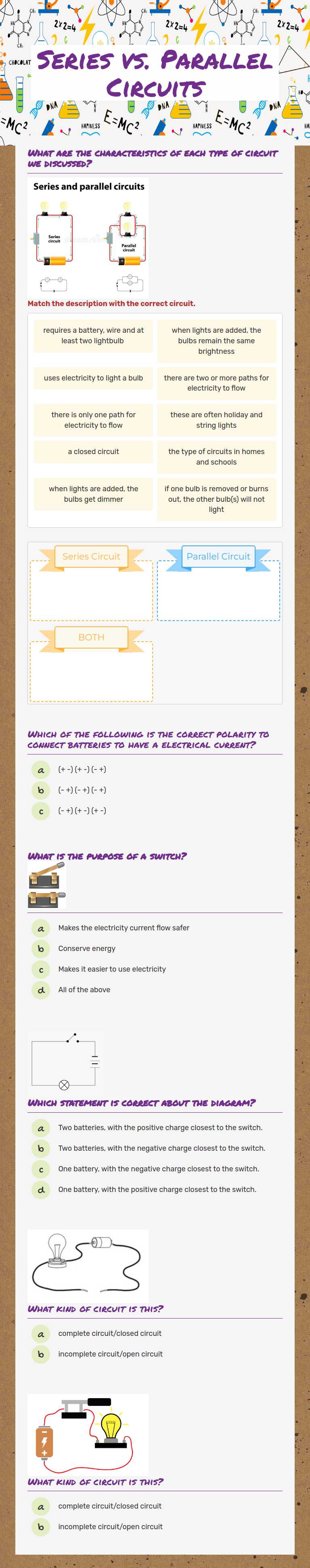 Series vs. Parallel Circuits worksheet preview image