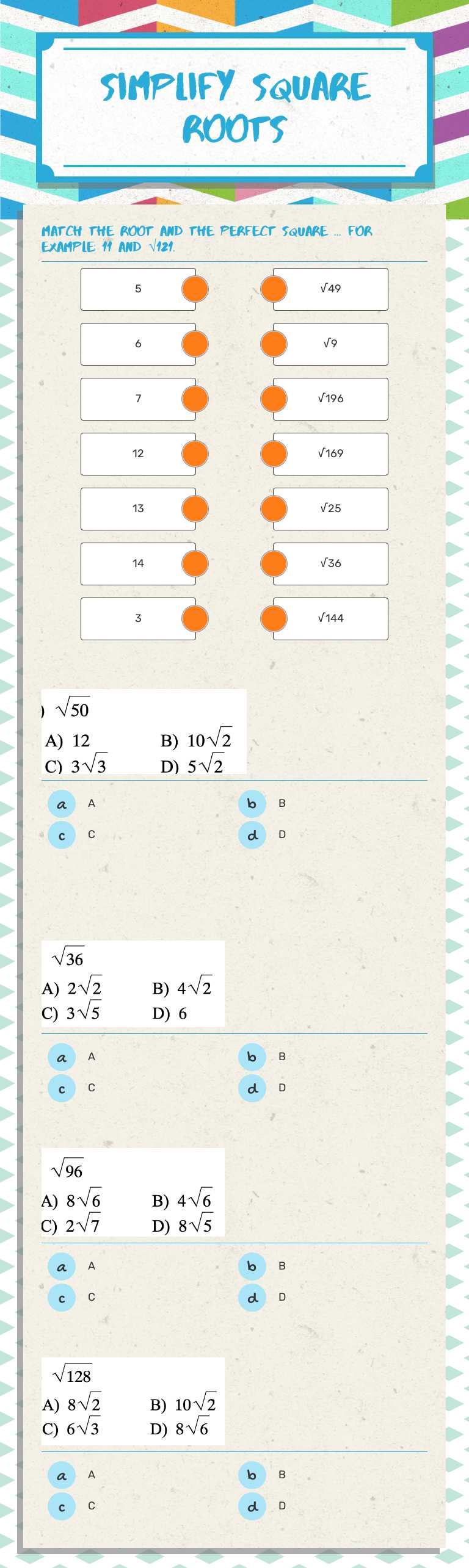 Simplify Square Roots worksheet preview image
