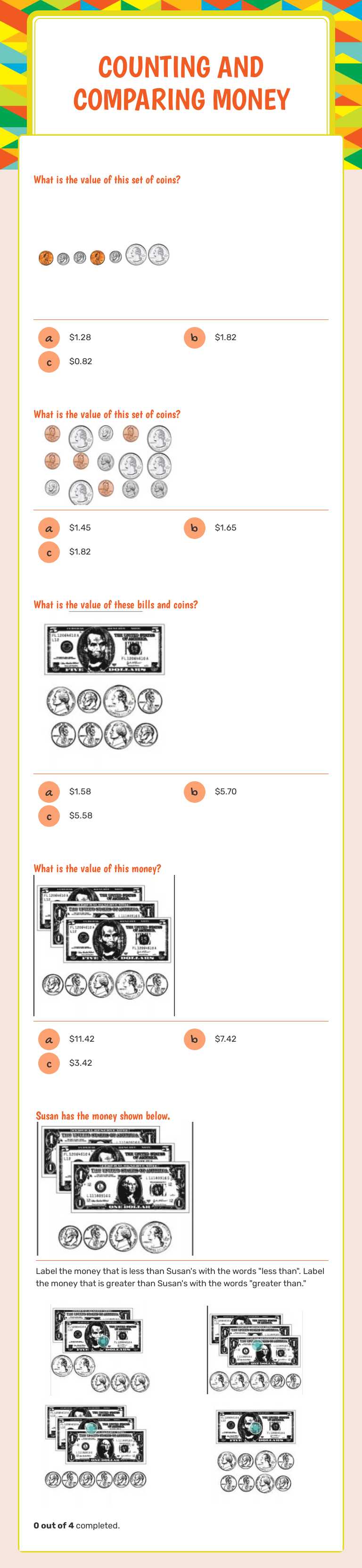 Counting and COmparing Money worksheet preview image