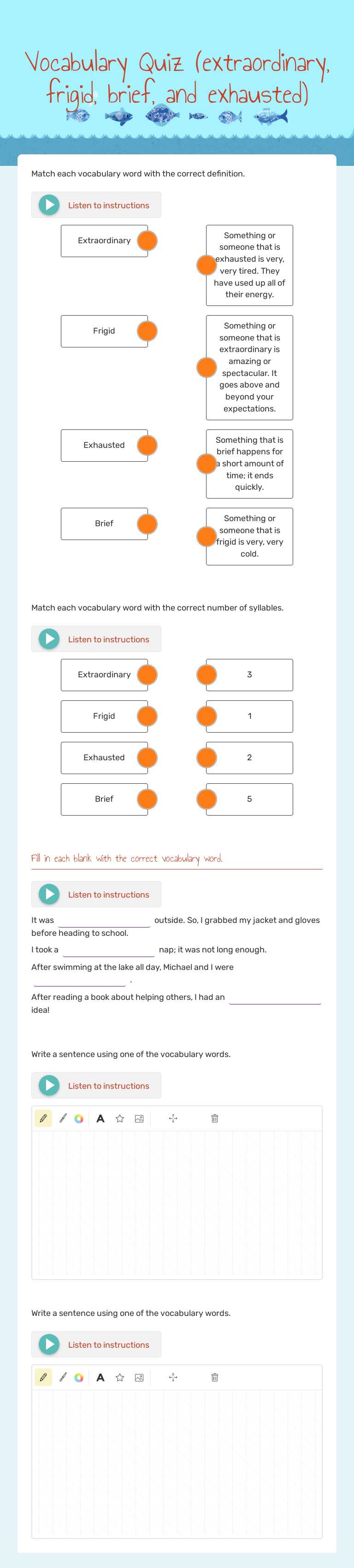 Vocabulary Quiz (extraordinary, frigid, brief, and exhausted) worksheet preview image