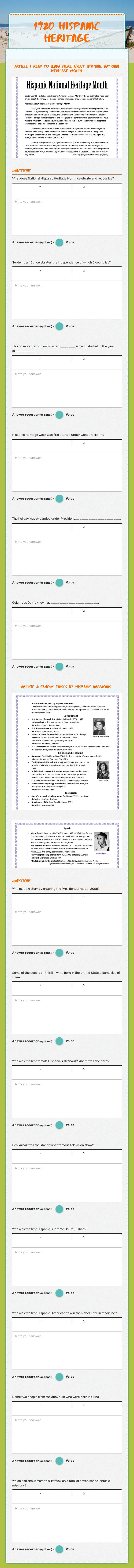 1920 Hispanic Heritage Grade 6 worksheet preview