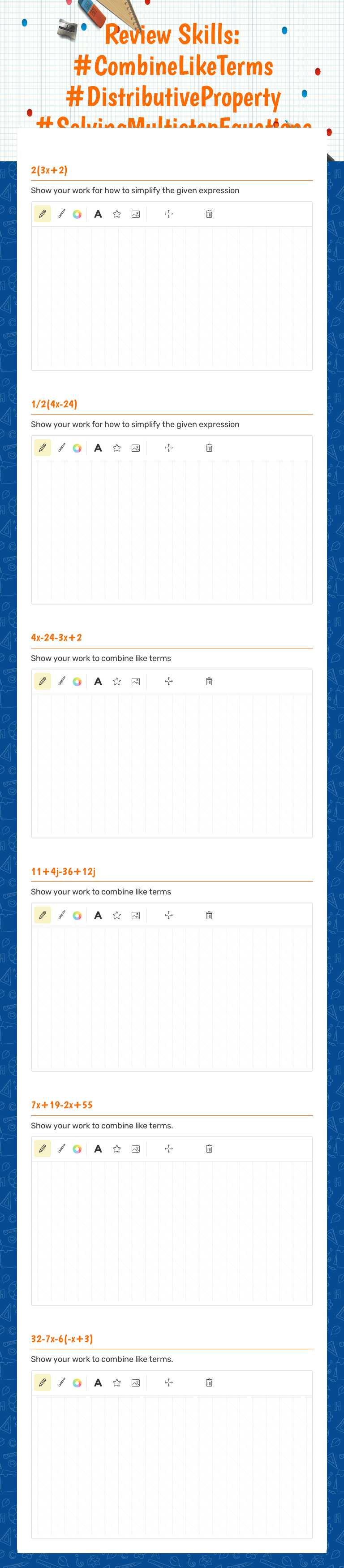 Review Skills:    #CombineLikeTerms #DistributiveProperty #SolvingMultistepEquations Grade 9 worksheet preview