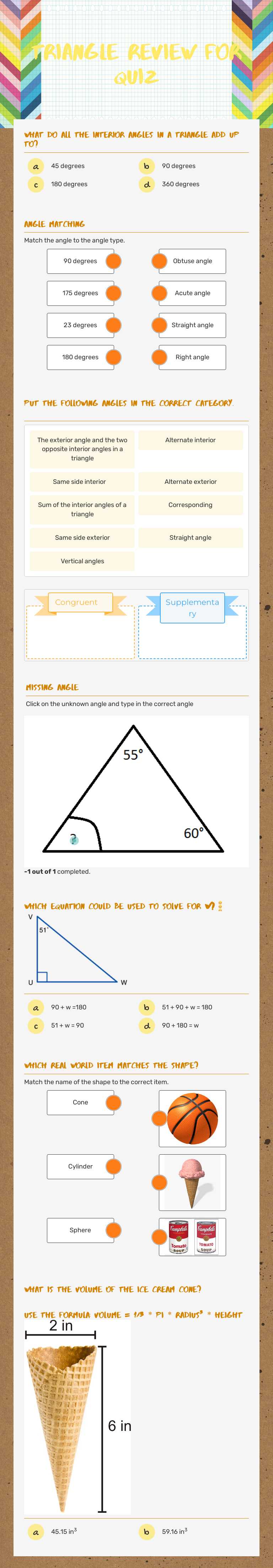 Triangle Review for Quiz worksheet preview image