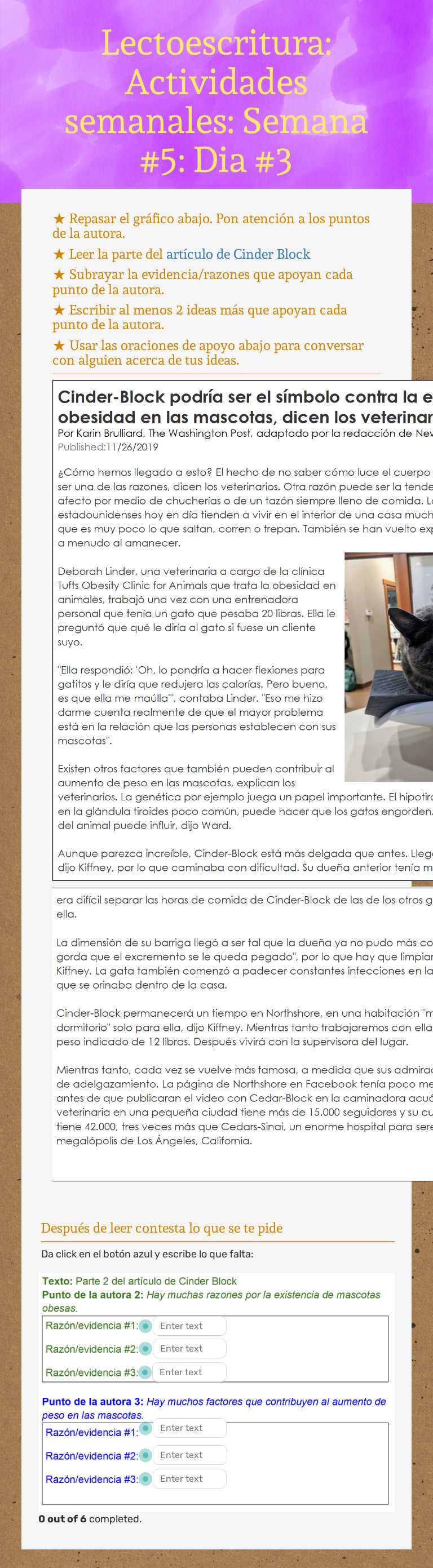 Lectoescritura: Actividades semanales: Semana #5: Dia #3 worksheet preview image