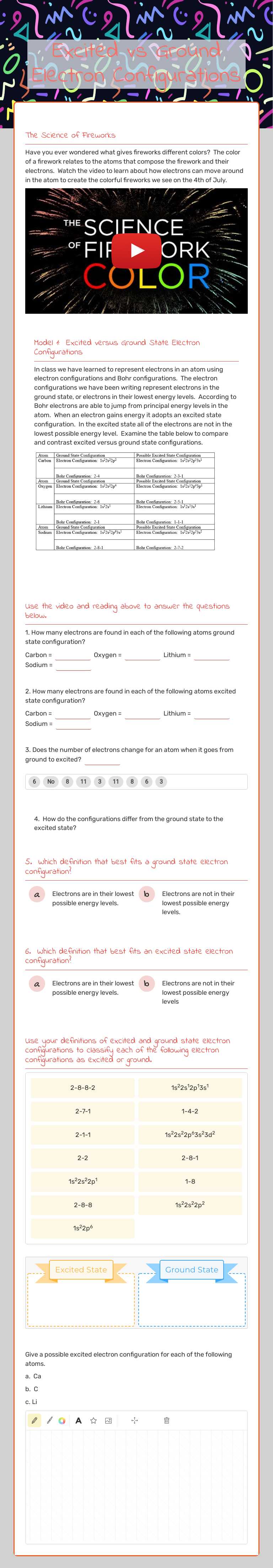 Excited vs Ground Electron Configurations worksheet preview image