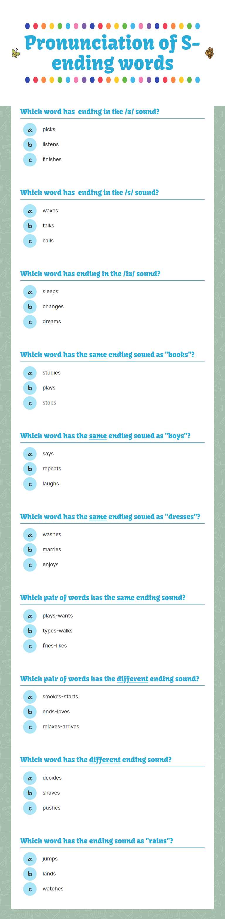 Pronunciation of S-ending words worksheet preview image