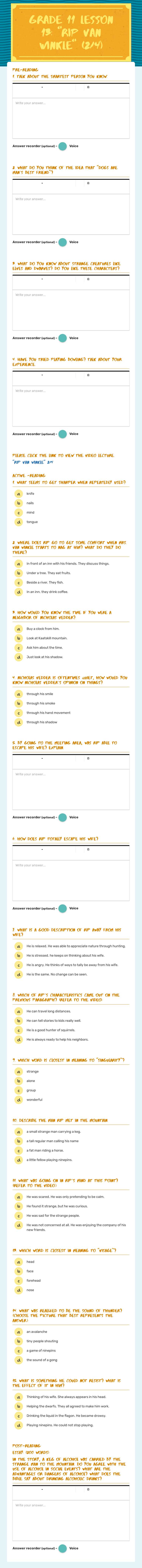 Grade 11 Lesson 13: "Rip VAn Winkle" (2/4) worksheet preview image