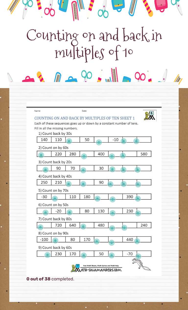 Counting on and back in multiples of 10 worksheet preview image