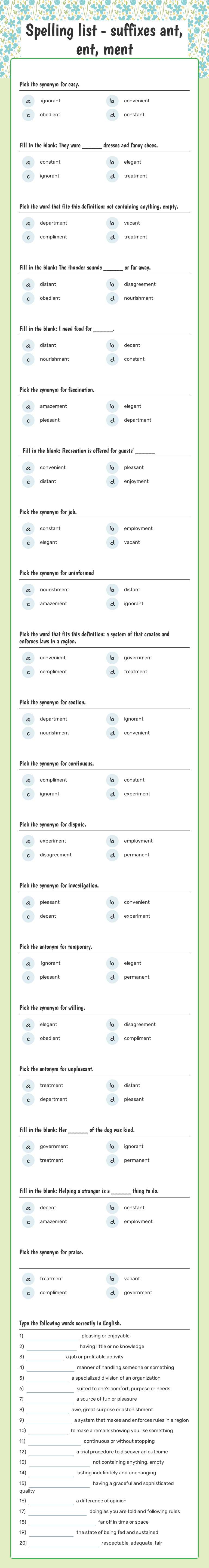 Spelling list - suffixes ant, ent, ment worksheet preview image