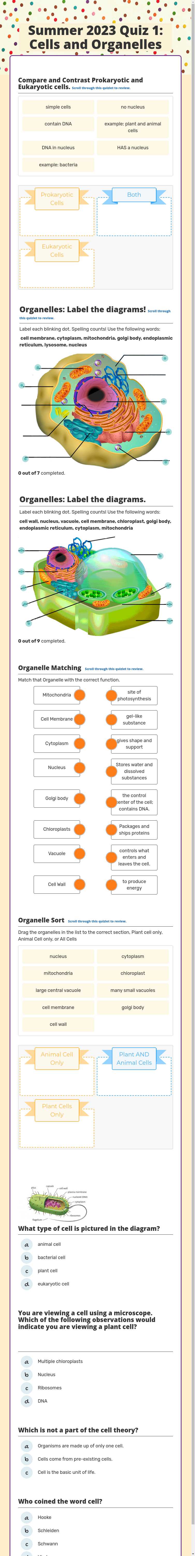 Summer 2023 Quiz 1: Cells and Organelles worksheet preview image