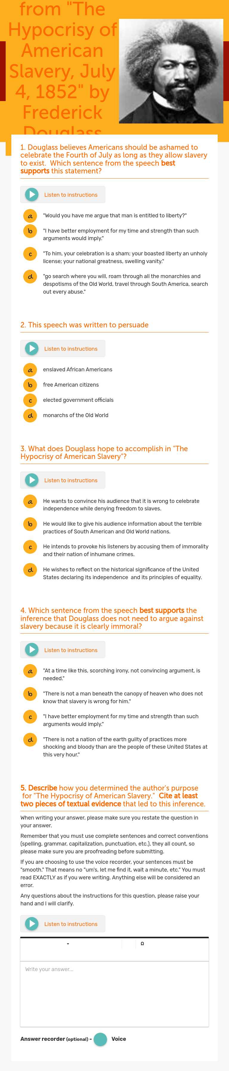 from "The Hypocrisy of American Slavery, July 4, 1852" by Frederick Douglass worksheet preview image