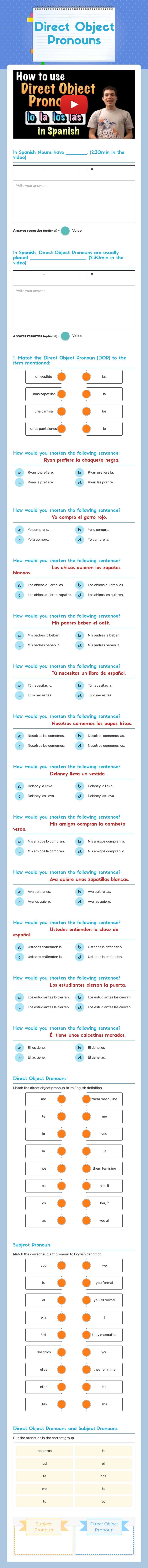 Direct Object Pronouns worksheet preview image