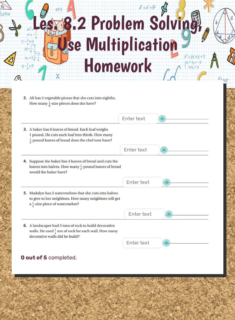 Les. 8.2 Problem Solving, Use Multiplication Homework worksheet preview image