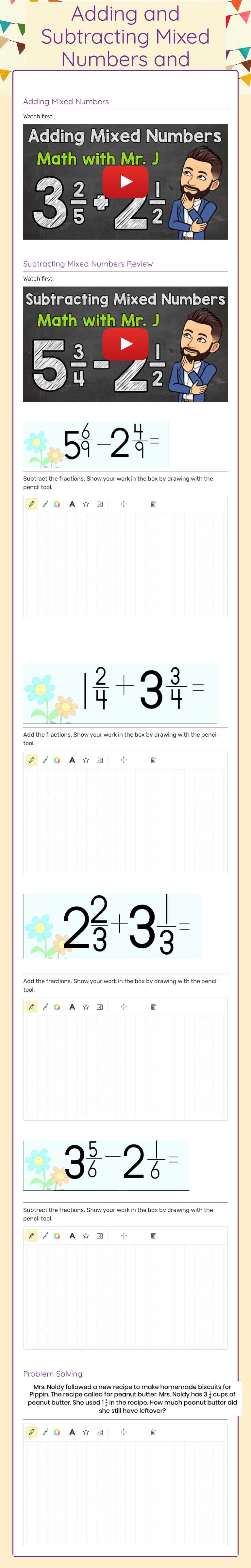 Adding and Subtracting Mixed Numbers and Fractions worksheet preview image