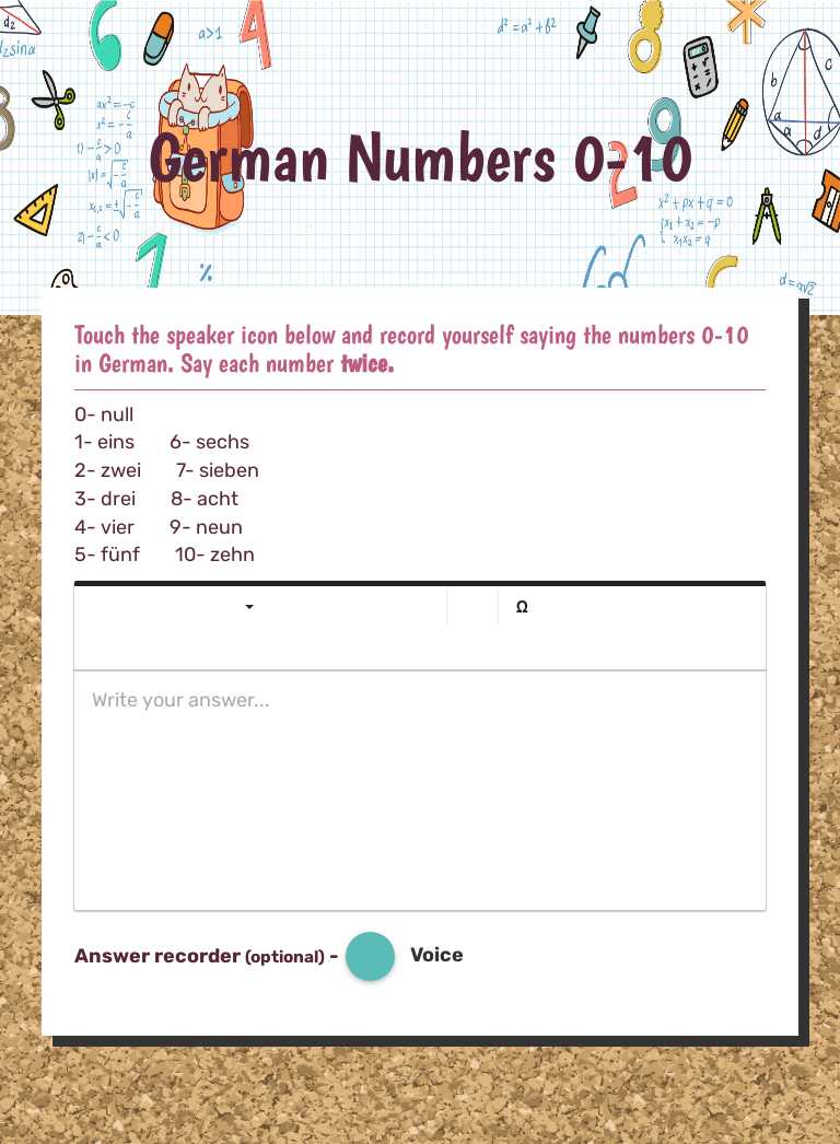German Numbers 0-10 worksheet preview image