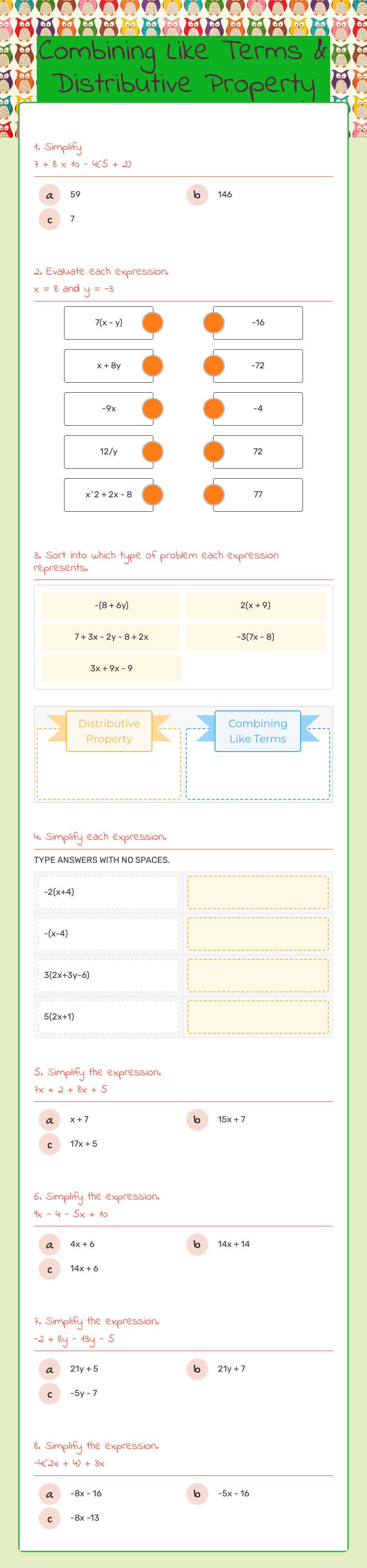 Combining Like Terms & Distributive Property worksheet preview image