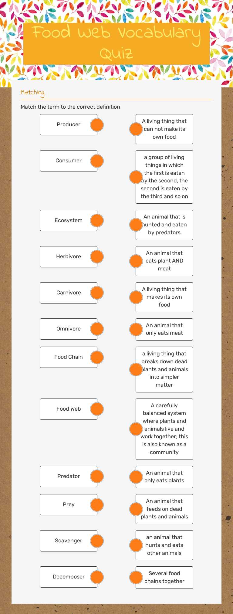 Food Web Vocabulary Quiz worksheet preview