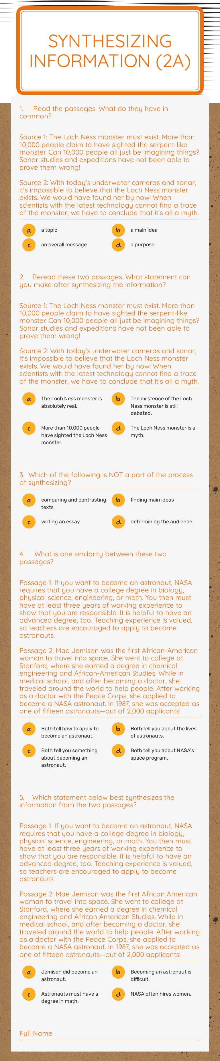 Synthesizing Information (2A) Grade 8 worksheet preview