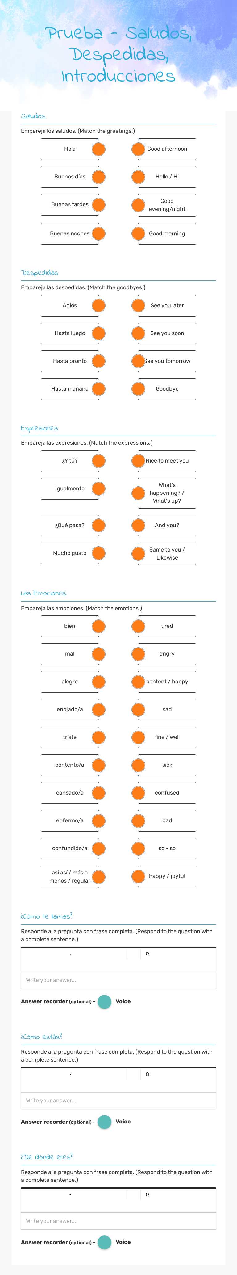 Prueba - Saludos, Despedidas, Introducciones worksheet preview
