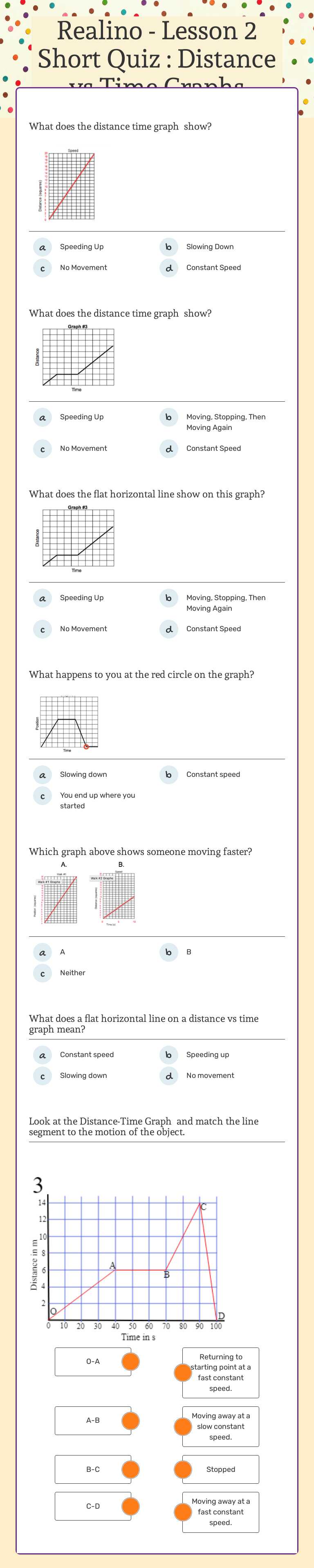 Realino - Lesson 2 Short Quiz : Distance vs Time  Graphs worksheet preview image