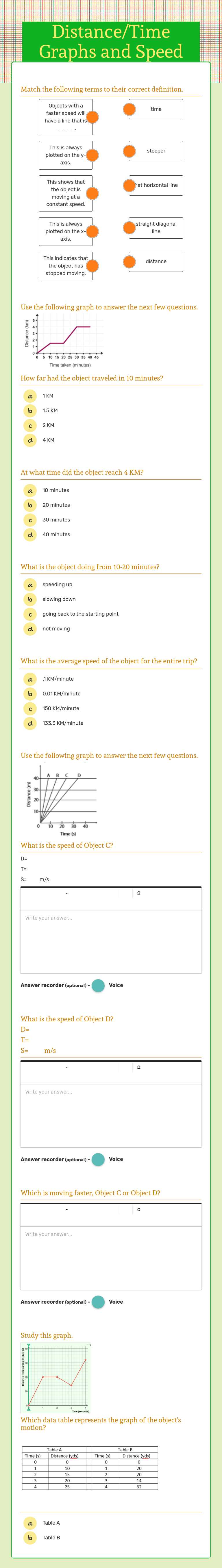 Distance/Time Graphs and Speed worksheet preview image