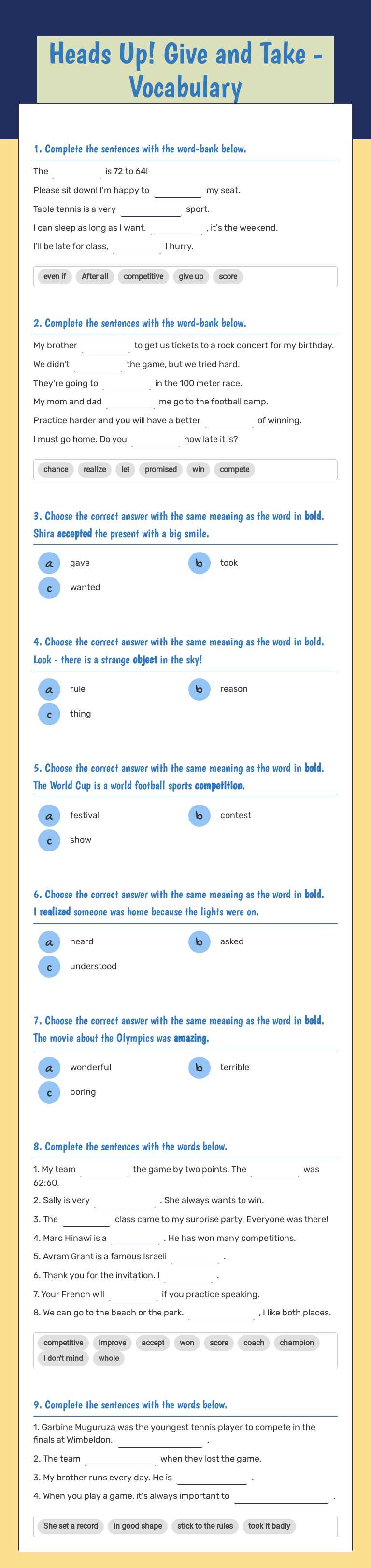 Heads Up! Give and Take - Vocabulary Grade 9 worksheet preview