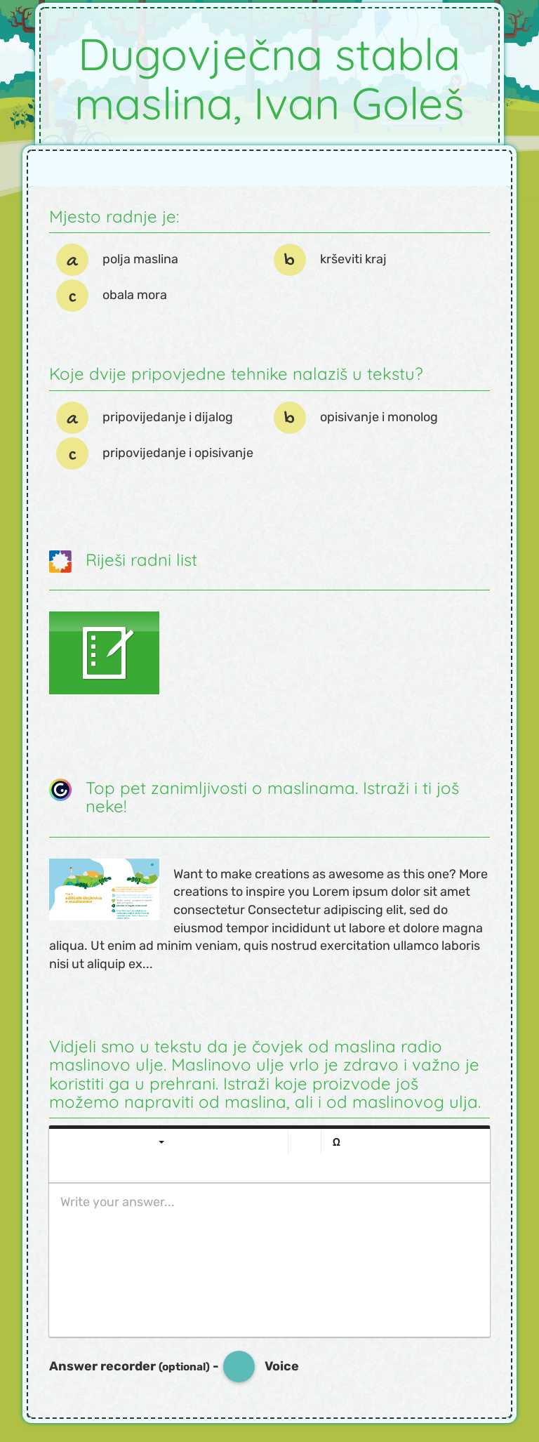 Dugovječna stabla maslina, Ivan Goleš Grade 4 worksheet preview