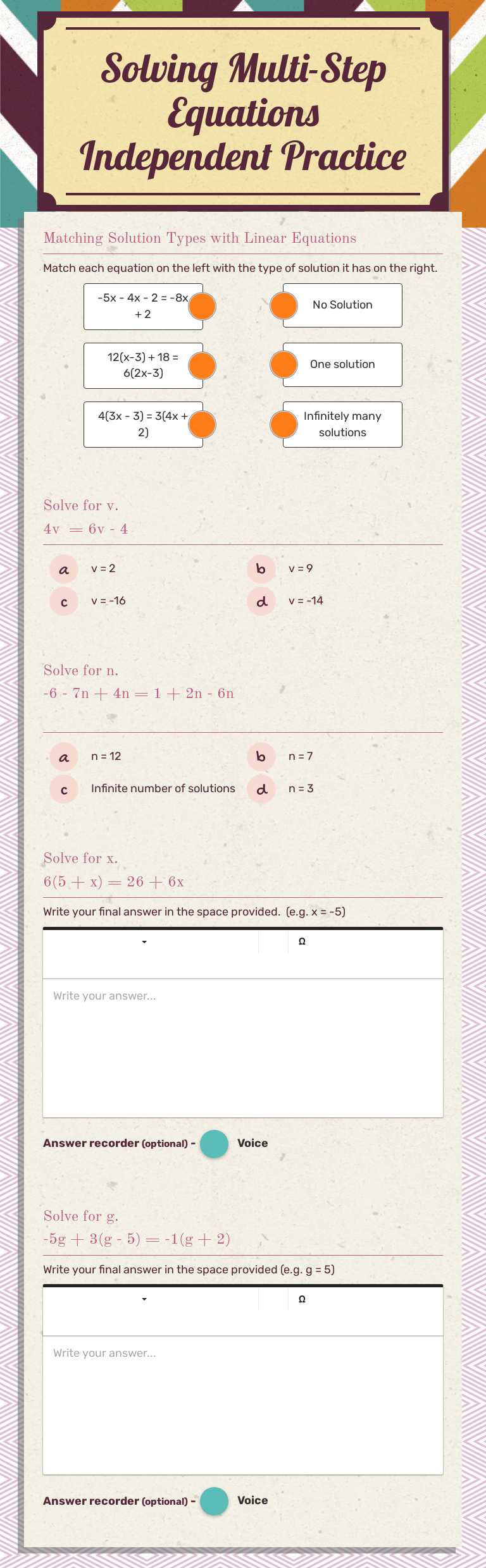 Solving Multi-Step Equations Independent Practice worksheet preview image
