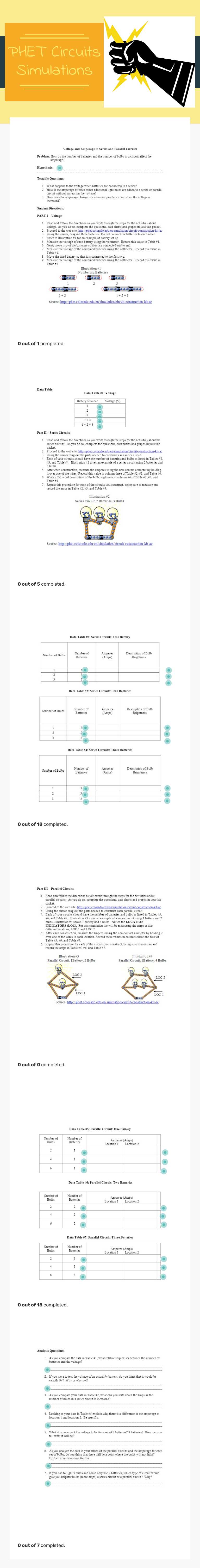 PHET Circuits Simulations worksheet preview image