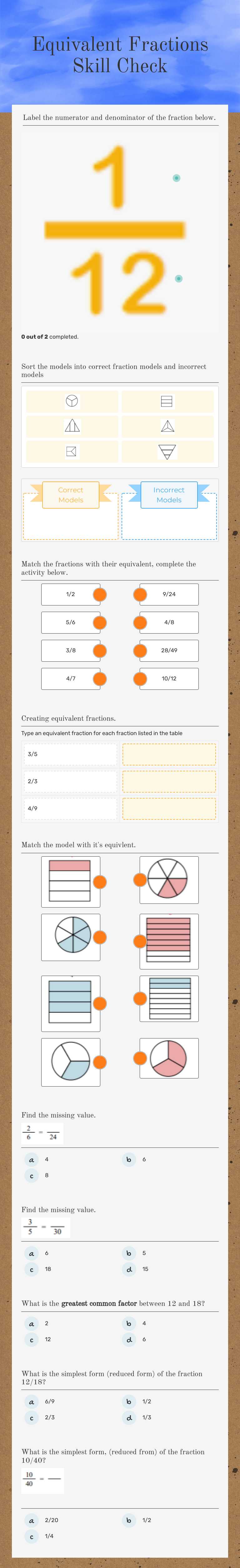 Equivalent Fractions Skill Check Grade 4 worksheet preview