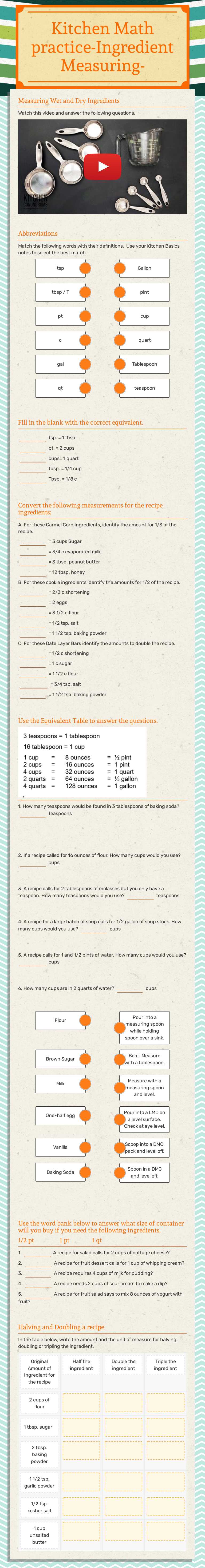 Kitchen Math practice-Ingredient Measuring- Grade 7 worksheet preview