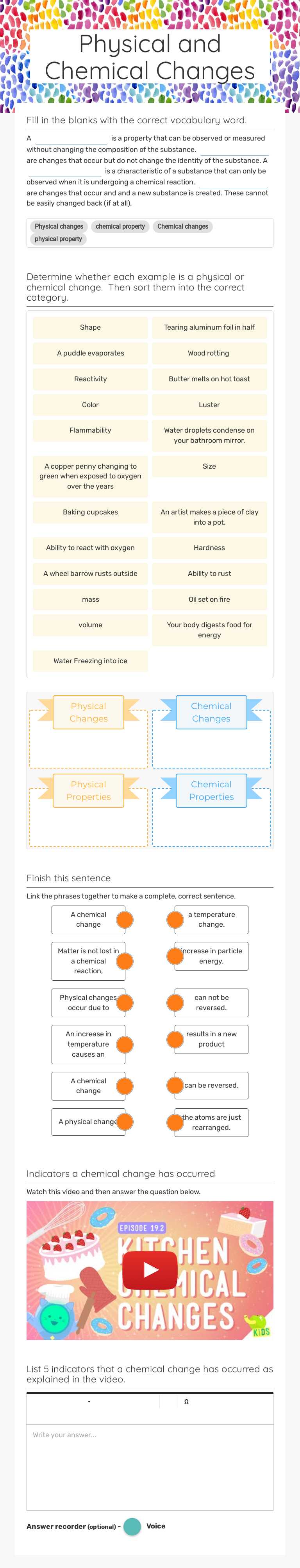 Physical and Chemical Changes Grade 8 worksheet preview