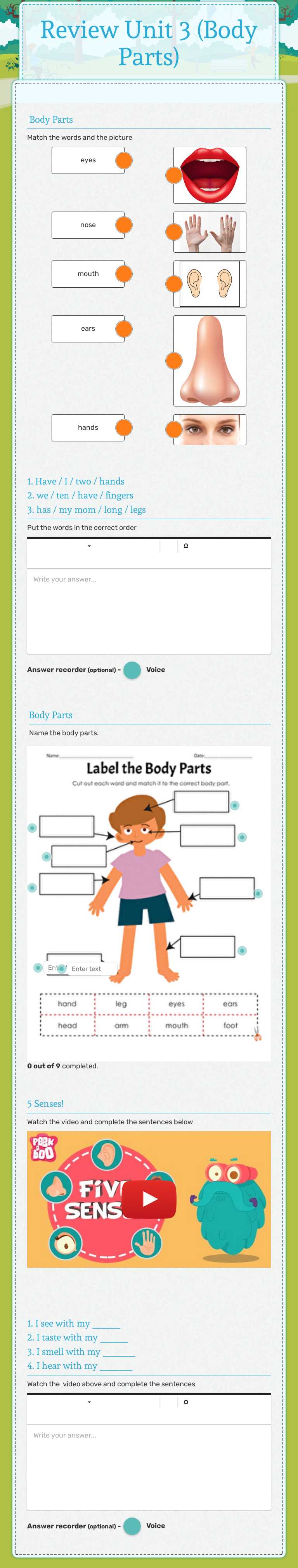 Review Unit 3 (Body Parts) Grade 1 worksheet preview