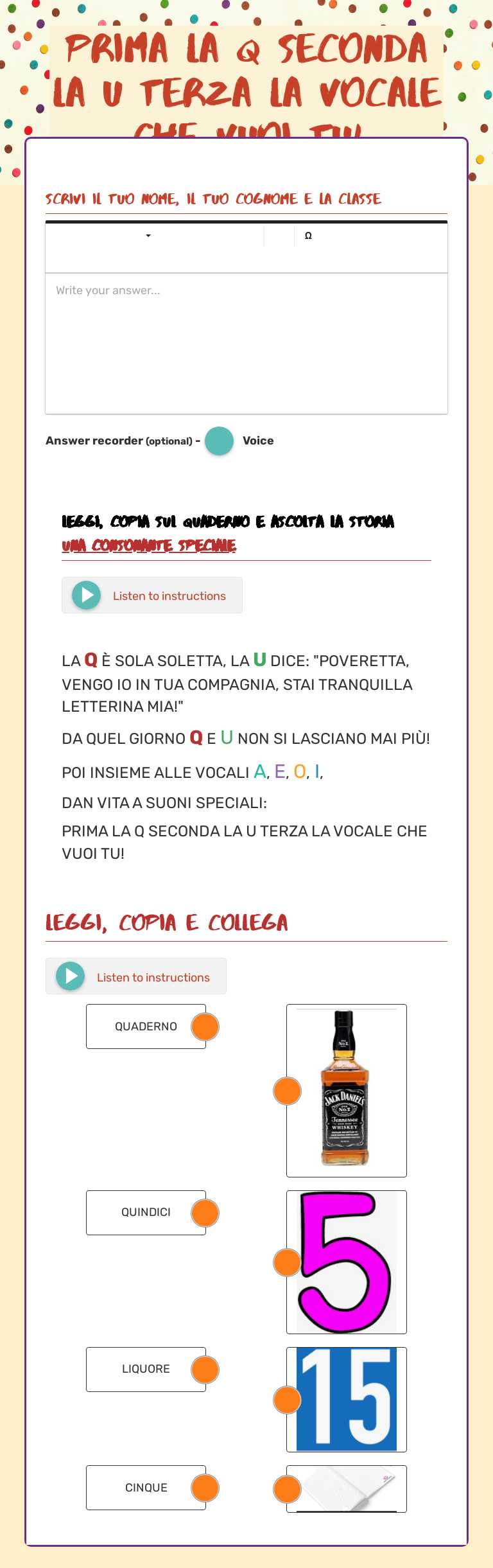 PRIMA LA Q SECONDA LA U TERZA LA VOCALE CHE VUOI TU! Grade 1 worksheet preview