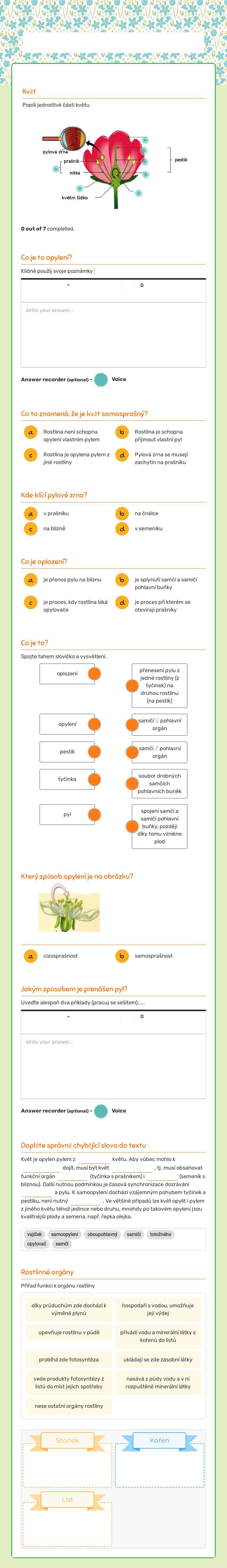 Opylení a oplození Grade 7 worksheet preview